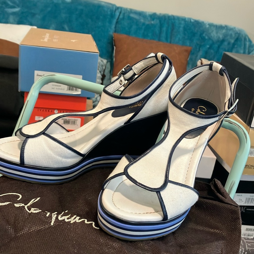 COLE HAAN Air Ricki T-Strap while canvas/navy wedge with Box&Dust Bag size 7.5